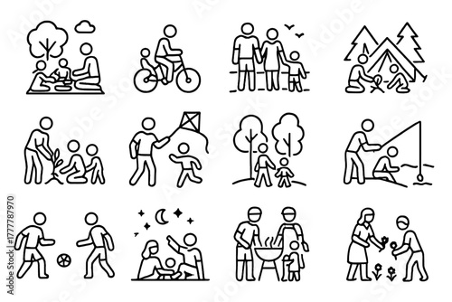 Flying beach family icon vector picnic forest icons picking flowers camping outdoor