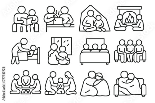 Board circle fireplace cozy under vector family scene icons couch door kitchen