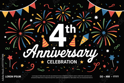 Fourth Anniversary Celebration with Fireworks and Party Decorations for a Special Event Milestone