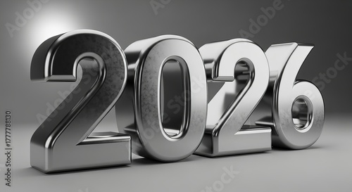 The metallic number 2026 is displayed prominently against a neutral background, showing a futuristic perspective.