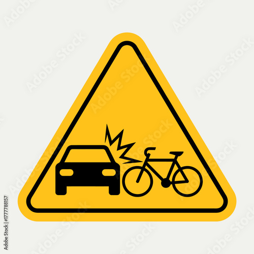Car and bicycle accident warning sign on yellow triangular board to promote safety and accident prevention for drivers and cyclists