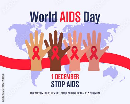 World AIDS Day illustration with hands and red ribbons signifying global awareness and support for HIV and AIDS prevention and treatment programs