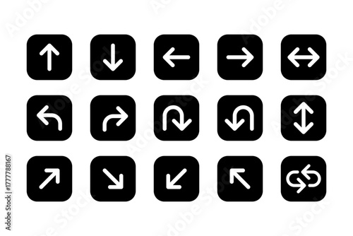 Go Straight This Way One Way Only U Turn Left and Right Black and White Arrow Sign Direction Button Icon Set. Vector Image.
