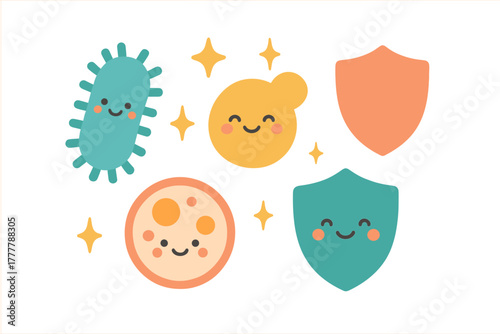 Friendly microscopic organisms and protective shields representing health and immunity