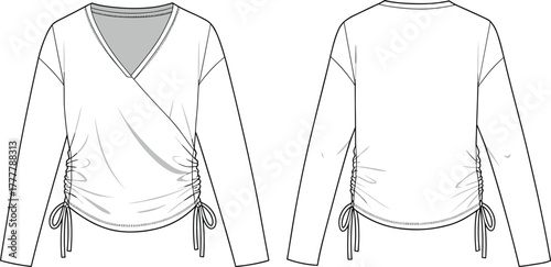Women's wrap top fashion sketch, long sleeve technical drawing, adjustable drawstring hem, V-neckline, garment flat sketch, apparel design