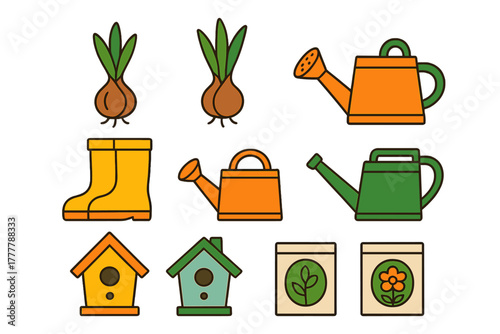 Essential gardening tools and supplies collection including watering cans, rubber boots, bulbs, and seed packets