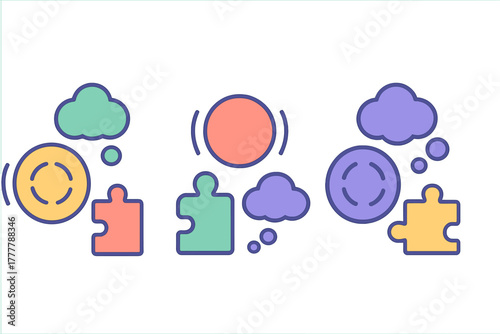 Colorful abstract symbols representing ideas, collaboration, and problem solving