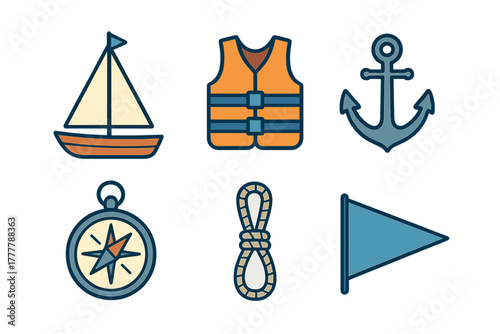 Marine and sailing equipment set featuring anchor, life jacket, sailboat, and compass