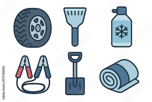 Automotive winter survival kit items including snow tire, ice scraper, and jumper cables