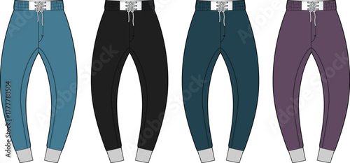 Vector collection of men's jogger sweatpants in multiple colors. Fashion technical flat sketch mockup with drawstring and cuffs for apparel design