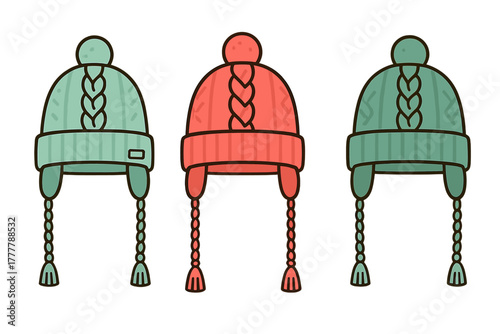 Three cozy knitted winter hats with ear flaps pom-poms and braided ties in teal and coral