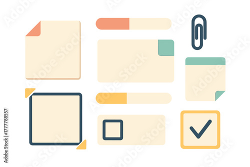 Minimalist collection of sticky notes, paper clip, checklist, and progress bar elements