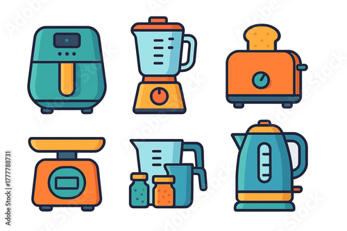 Colorful modern kitchen appliances collection: air fryer, blender, toaster, and kettle