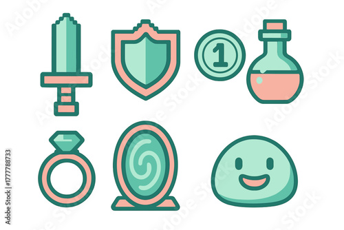 Fantasy RPG game icons collection featuring sword, shield, potion, coin, ring, mirror, and slime monster