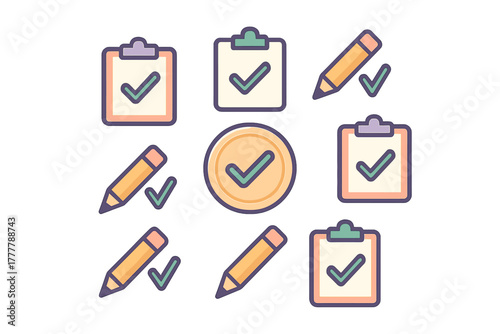 Set of checklist completion icons featuring clipboards pencils and confirmed successful task symbols