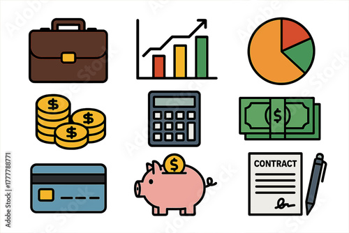 Essential business finance and accounting icons featuring money charts documents and contracts
