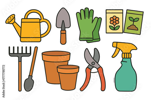 Colorful collection of essential gardening equipment including watering can, gloves, and seed packets