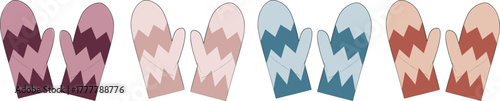 A colorful collection of four pairs of cozy knitted winter mittens with chevron patterns, illustrated in a flat vector style on a white background