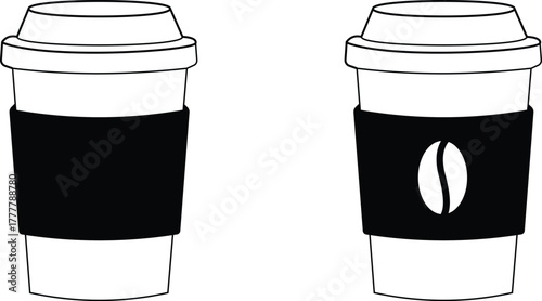 Coffee cup outline illustration in simple black line style on transparent background.