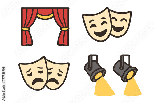 Classic theater and drama performance elements with comedy and tragedy masks, stage curtains, and spotlights