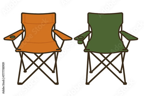 Pair of portable folding camping chairs in orange and green with armrests and cup holders