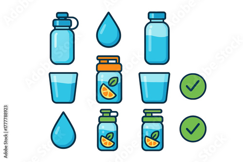 Water bottles, drinking glasses, drops, and infused beverage containers for hydration