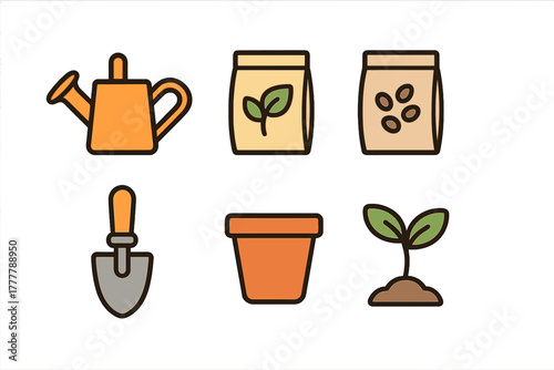 Essential gardening tools and planting elements set including watering can, seeds, pot, and sprout