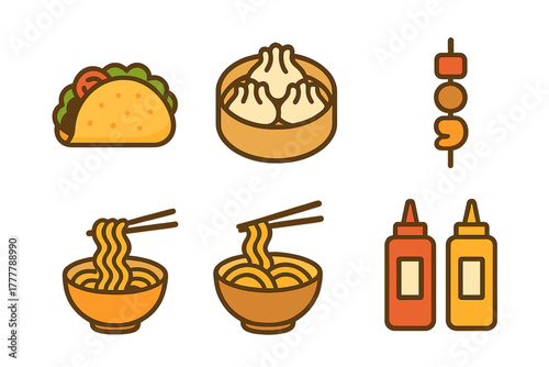 International street food collection featuring tacos, dumplings, noodles, skewers, and condiments