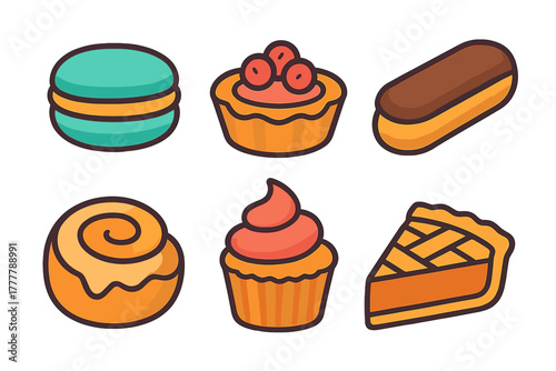 Set of sweet baked goods and confectionery icons including macaron eclair and cupcake