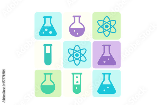 Colorful science and chemistry symbols featuring laboratory glassware and atomic structure