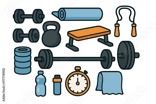 Set of essential gym and fitness equipment for strength training and cardio workouts