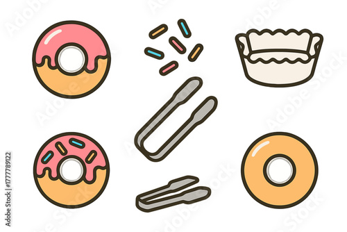 Sweet dessert and baking elements featuring glazed donuts, colorful sprinkles, and kitchen tongs