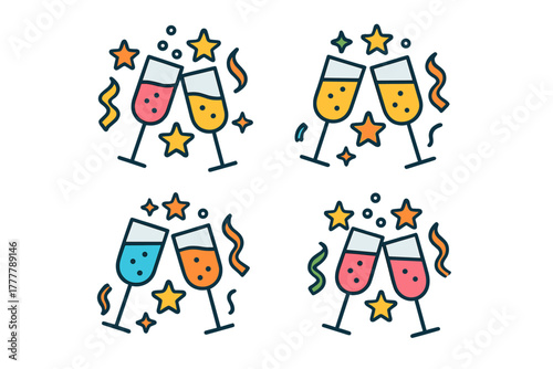 Festive champagne flutes clinking together in a seamless pattern surrounded by stars and streamers