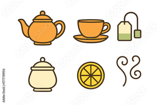 Set of tea time objects including teapot teacup sugar bowl and lemon slice