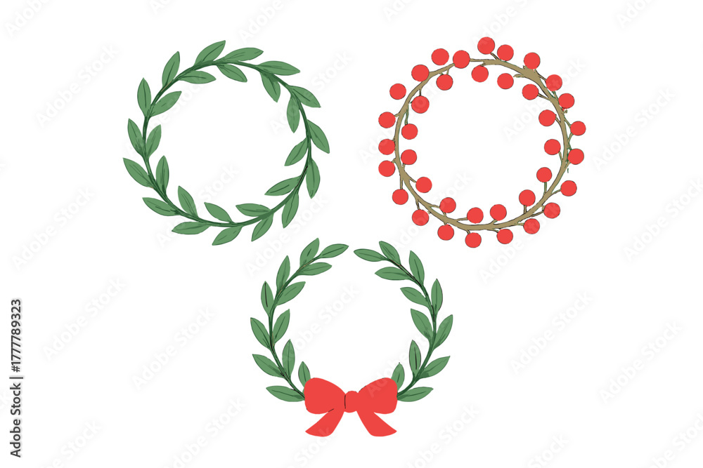 Fototapeta premium Festive green leaf wreaths and red berry frames for Christmas holiday decoration