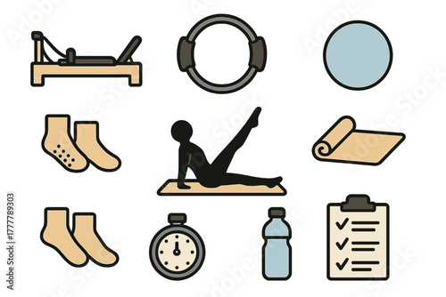 Pilates and fitness equipment set featuring reformer machine, magic circle, socks, and exercise silhouette