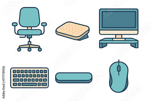 Set of essential ergonomic office equipment and computer peripherals for a modern workspace