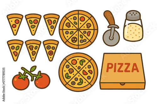 Collection of Italian fast food items including whole pizzas, slices, delivery box, cutter, and fresh tomatoes