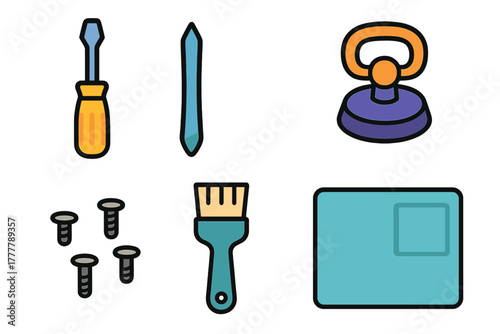 Essential repair and construction tools set including screwdriver, paintbrush, and fasteners