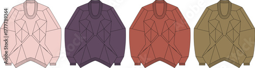 Fashion apparel concept featuring four long-sleeved knit sweaters with a distinct geometric pattern, displayed in a variety of modern colors for design inspiration