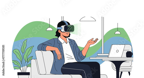 Immersive virtual reality experience with vr headset by a young business man at home or office