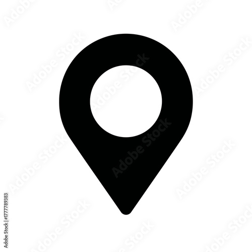 Black location pin icon on white background. GPS map marker symbol for navigation, travel, destination, and point of interest.