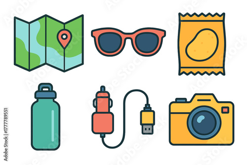 Essential items for a road trip including a map sunglasses snacks water bottle charger and camera