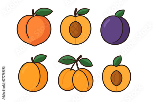 Fresh stone fruits collection featuring whole and halved peaches, apricots, and a purple plum