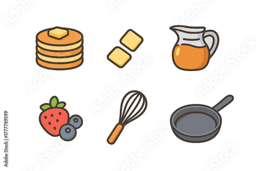Breakfast cooking ingredients and utensils set including pancakes syrup butter berries whisk and frying pan