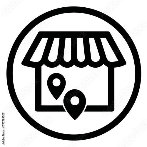 Generic Storefront Icon with Awning and Multiple Location Pins. Ideal for Local Business Search and Shop Finder Concepts.