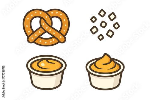 Classic soft pretzel with scattered salt crystals and creamy cheese dipping sauce