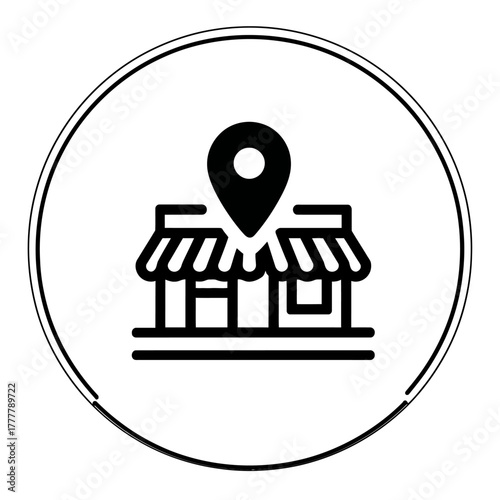 Local store location icon with map pin. Shop building graphic representing retail business, marketplace presence, and physical storefront finder.
