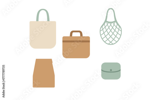 Collection of reusable shopping bags and eco-friendly food containers for sustainable zero waste living
