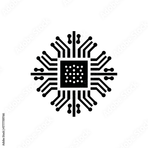Black vector microchip icon. Digital technology CPU symbol, electronic circuit board design element, computing processing intelligence.